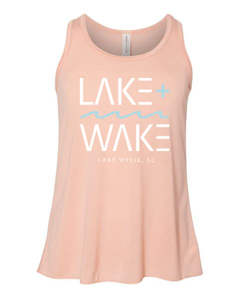 Youth girls coral flowy tank with lake and wake logo on the front and Lake Wylie, South Carllina