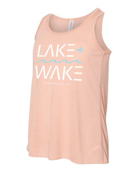 Youth girls coral flowy tank with lake and wake logo on the front and Lake Wylie, South Carllina