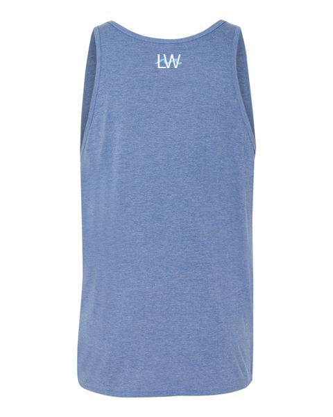 Men's back heather blue tank top with LW at the top.