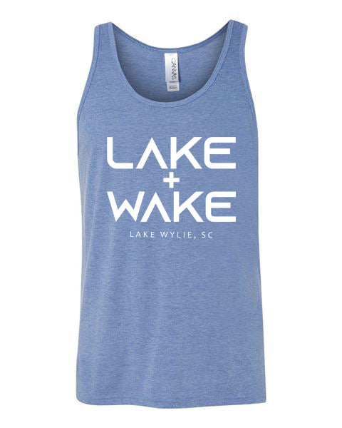 Men's heather blue tank top with Lake and Wake logo on the front. Lake Wylie, SC below.